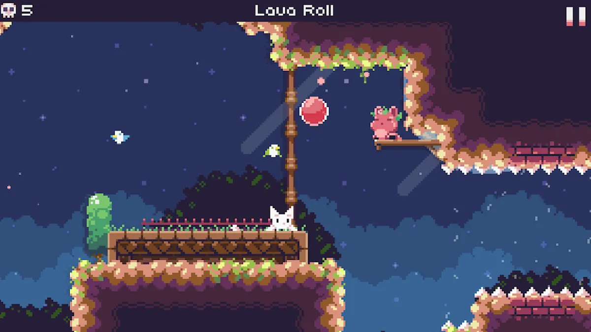 Livello notturno di Cat Bird con piattaforme sospese e sfondo scuro