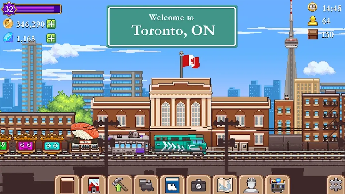 Stazione ferroviaria in pixel art di Tiny Rails con edifici cittadini sullo sfondo