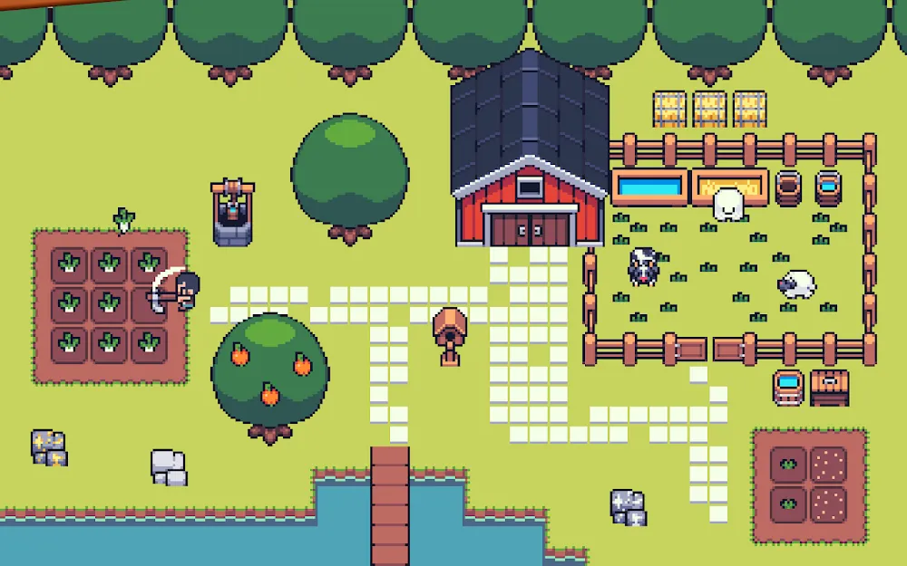 Fattoria in pixel art di Mini Mini Farm con campi coltivati, fienile e animali