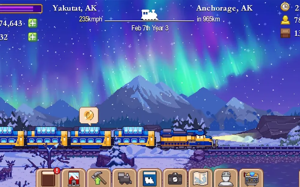 Treno in pixel art di Tiny Rails che attraversa un paesaggio notturno con aurora boreale