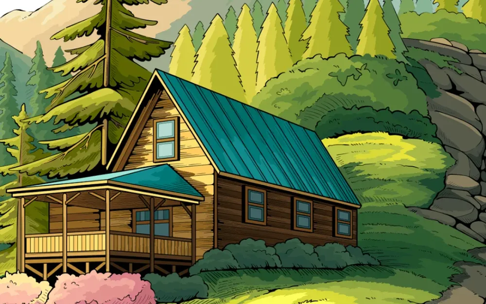 Illustrazione di una baita di montagna colorata a numeri in Zen Color